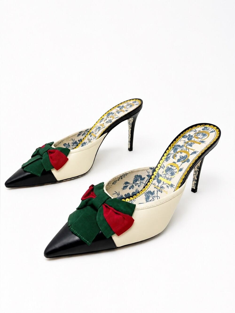 Gucci Sackville Web Stripe Bow Pointed Toe Mule Heel Leather Womens Size EU 40.5
